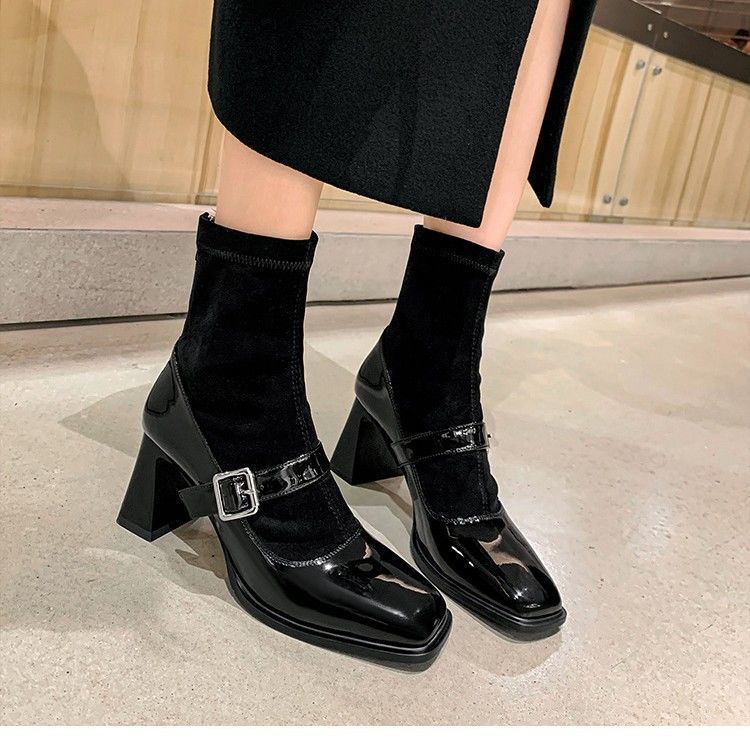 

2025 осень новые модели Jue Jue Zi квадратный носок Мэри Джейн носки маленькие кожаные туфли толстый каблук эластичные тонкие ботильоны высокий каблук темперамент 40