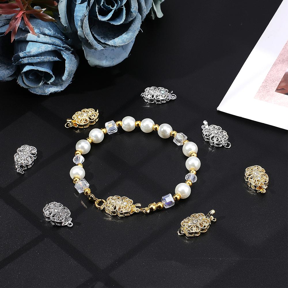 8Set 2 Colors Brass Rhinestone Box Clasps, Flower, Platinum & Golden, 20x11.5x6mm, Hole: 2mm, 4set/color