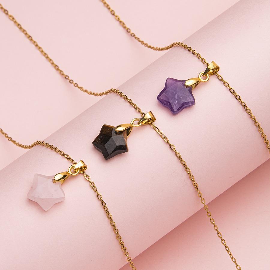 Natural Stone Star Shaped Pendant For Women Necklaces Jewelry Gifts Pentagram Star Pink Crystal Chakra Nature Stone Necklace 1PC