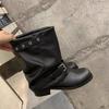 New Cool Coarse Heel Belt Buckle Pants Boots Women's Round Head Short Western Boots Skinny Wide Mouth Martin Boots