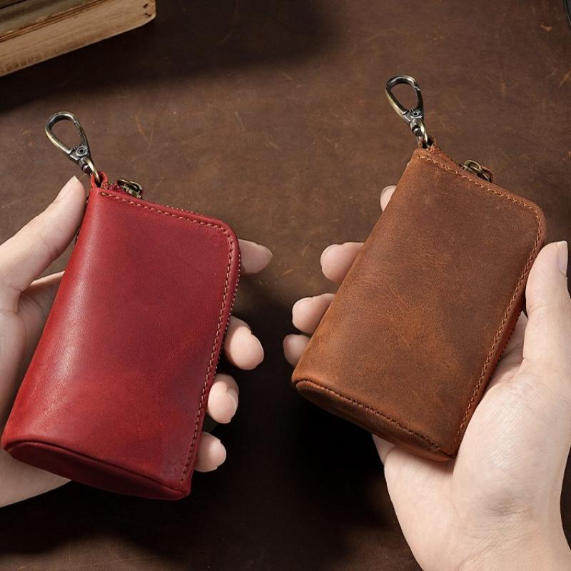 Carabiner-Attachable Crazy Horse Leather Key Pouch, Vintage Bucket Zipper Key Holder, Bag-Mountable Key Organizer Wallet Unisex