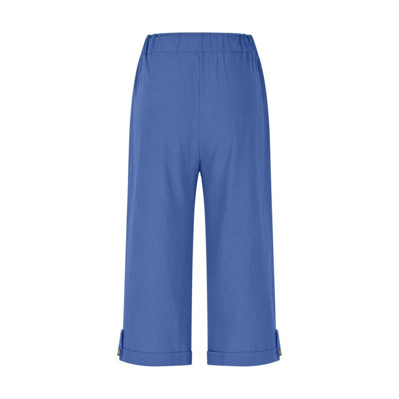 European & American Cotton Linen Casual Pants with Elastic Waist and Pockets, 7/8 Length, Pure Color.