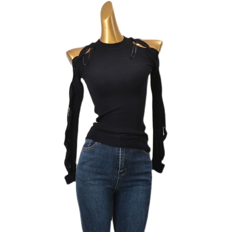 Export Stylish Cut Out Long Sleeves Knitwear Sexy Silm Early Autumn High Elasticity Pullover Keep Warm Tops