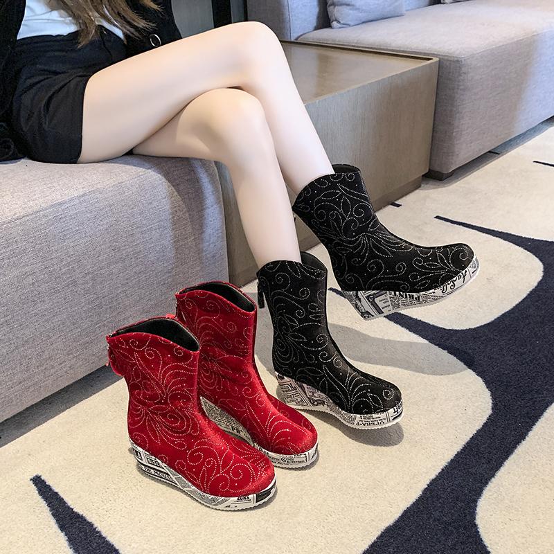 Fashion Rhinestone Suede Wedge Single Boots Women's Fashion Round Toe Rear Zip Platform Anti-Slip Wear-Resistant Short Shoe