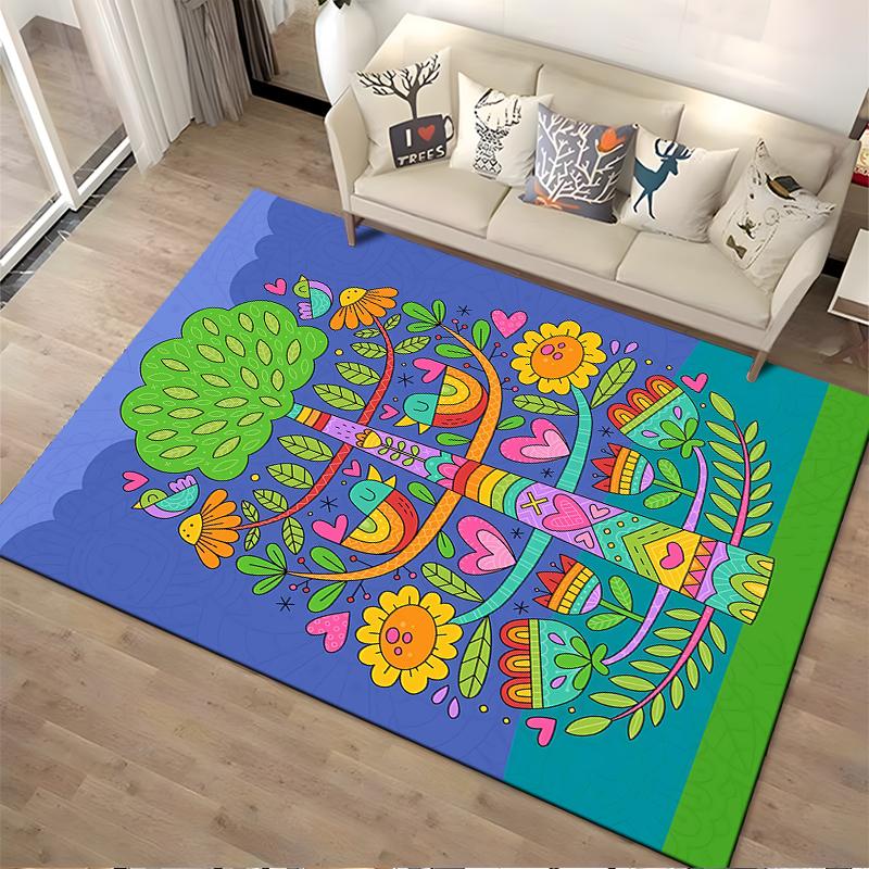 Colorful Tree of Life Pattern with Flowers, Hearts, and Birds Carpet Suitable for Use As an Anti-slip for Living Room Bedroom Sofas