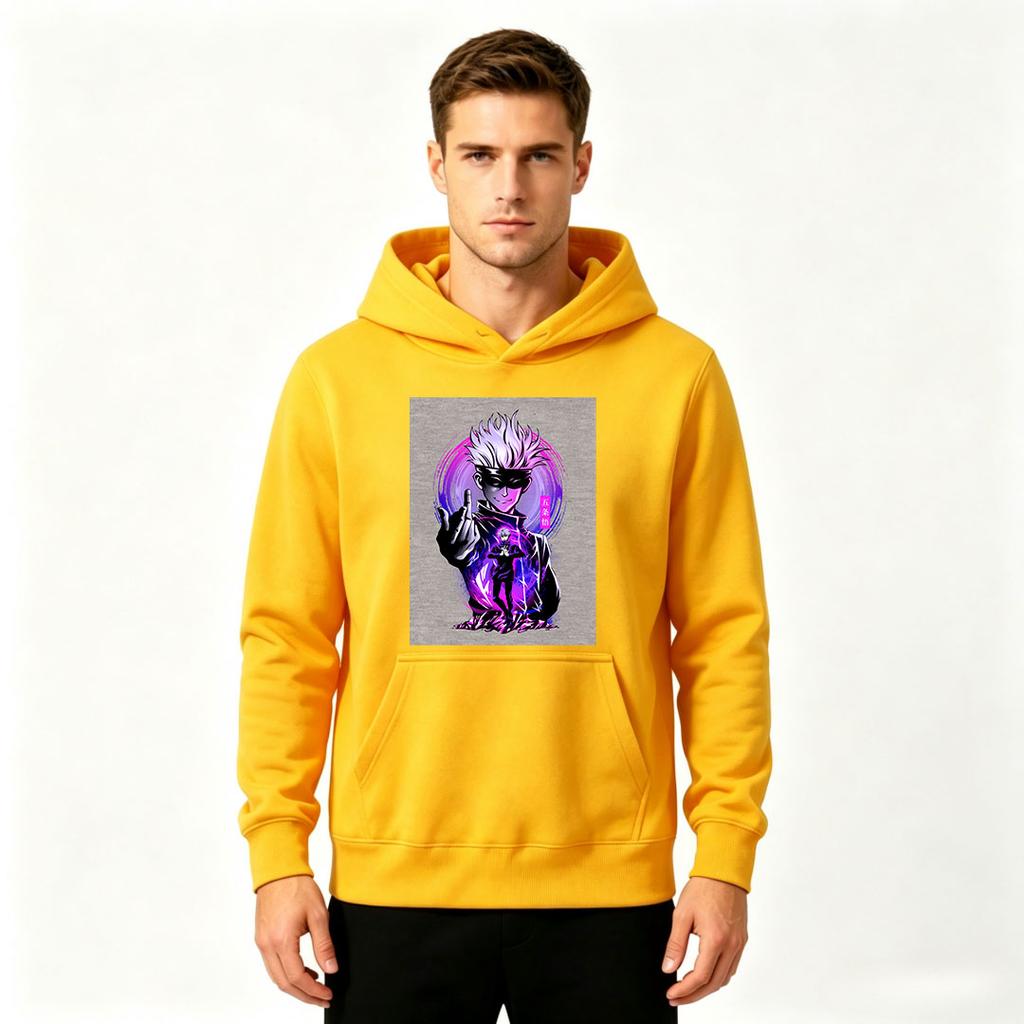 Men Anime Satoru Purple Graphic Print Pullover Hoodie Casual Long Sleeve Streetwear Sweatshirt