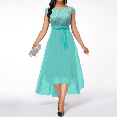 Evening Dress Round Neck Hollow Out Lace V-shaped Back Belted Tight Waist Hidden Zipper Irregular Hem Double Layers Short Sleeve Retro Prom Party