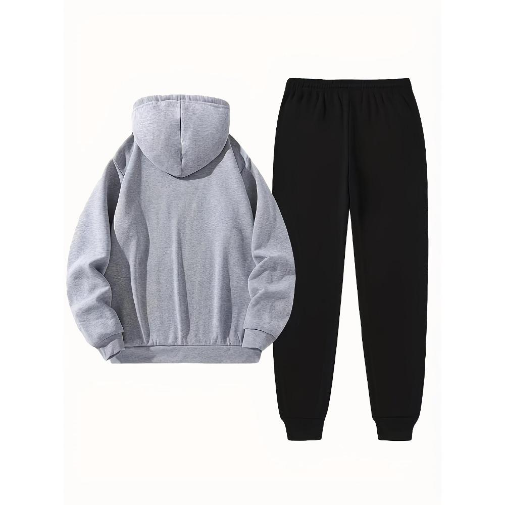 Autumn and Winter Men's Thick Wool Hooded Sweatshirt and Sports Pants Set, Made of Polyester Fabric, Featuring Bee Letter Pattern Printing Set