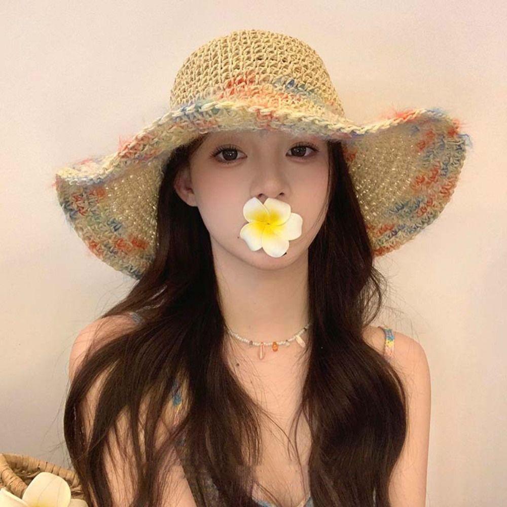 Foldable Wide Brim Straw Hat Colorful Women's Sun Visor Hats Casual Weave Bucket Hat  Holiday