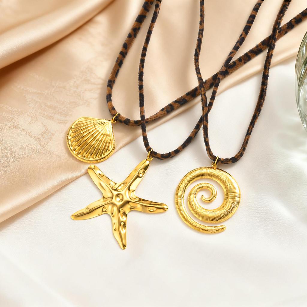Summer Feminine Glamour Jewelry, Ocean Wind Stainless Steel Starfish Shell Pendant Leopard Velvet Necklace Nc-2764