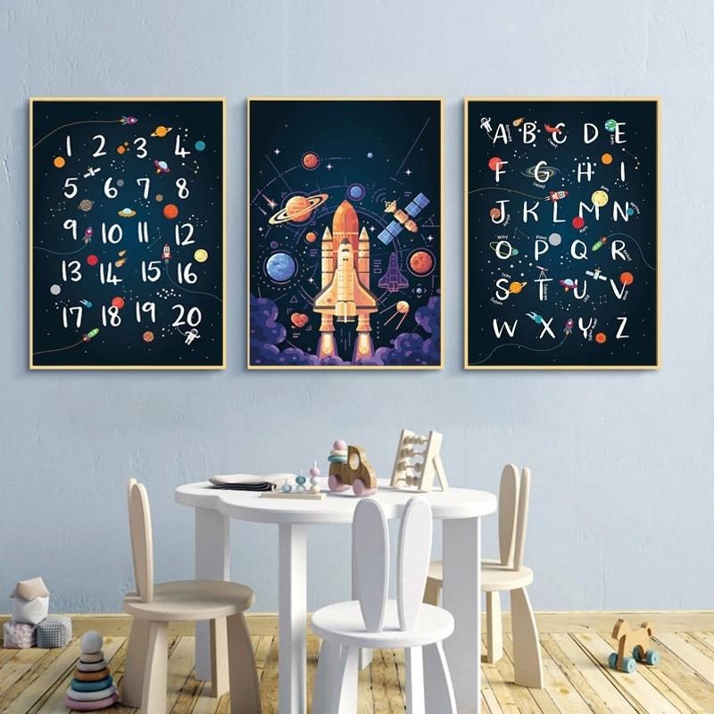 Nursery Kids Room Decoration Alphabet Numbers Cartoon Wall Art Paintings for Interior Frameless Picture On Loft Canvas Baby Deco No Frame