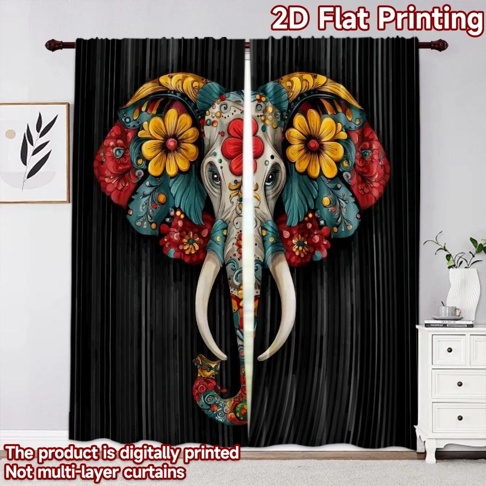 2D flat printing 2pcs Curtain Party Curtain Day of the Dead Elephant Digital Printed Polyester Drapes Festive Holiday for