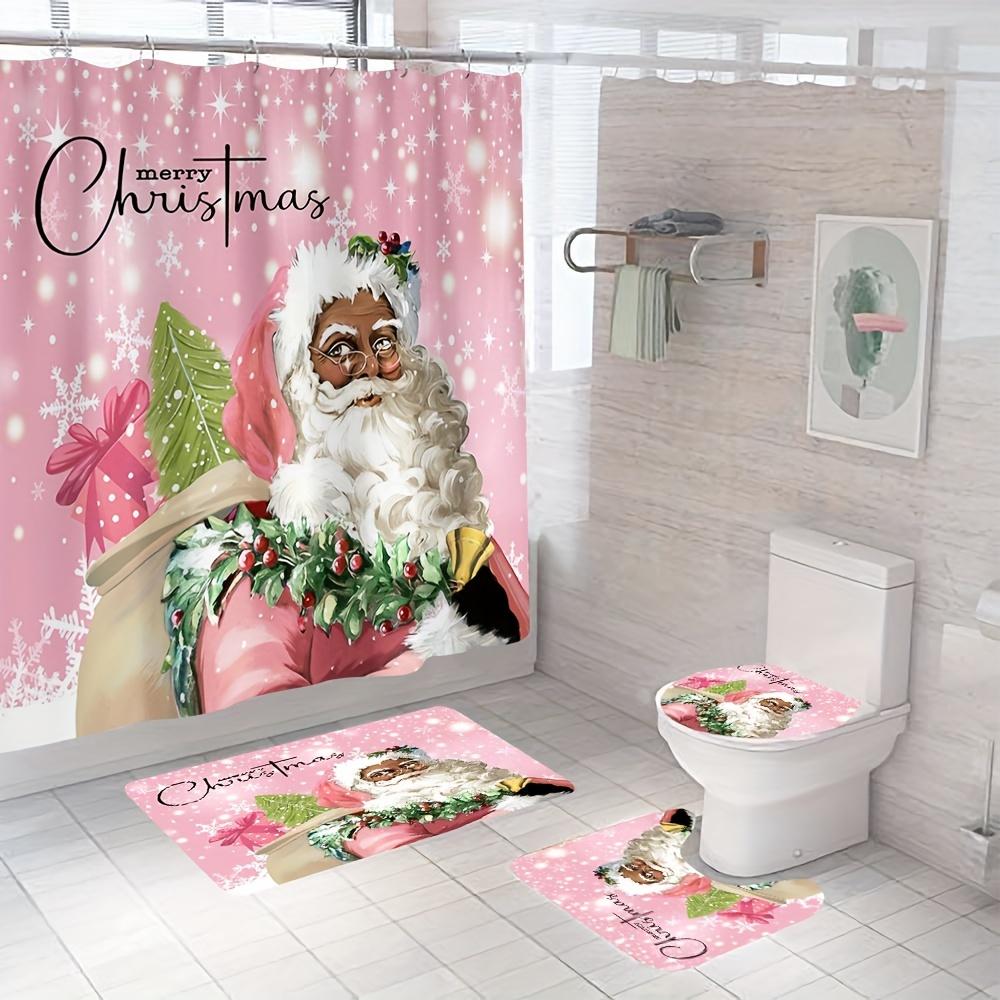 4-teiliges Weihnachtsmann-Duschvorhang-Set, wasserdichter Duschvorhang mit 12 Haken an der Rückseite, Badezimmermatte, U-förmiger WC-Vorleger, WC-Deckel-Pad