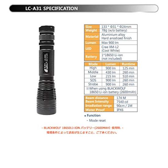 BLACKWOLF 900 Lumens Cree Rechargeable LED Handheld for Bike and Work 18650 XM-L2 Flashlight, Compact, Powerful, Waterproof, Use, Lithium-ion Battery,