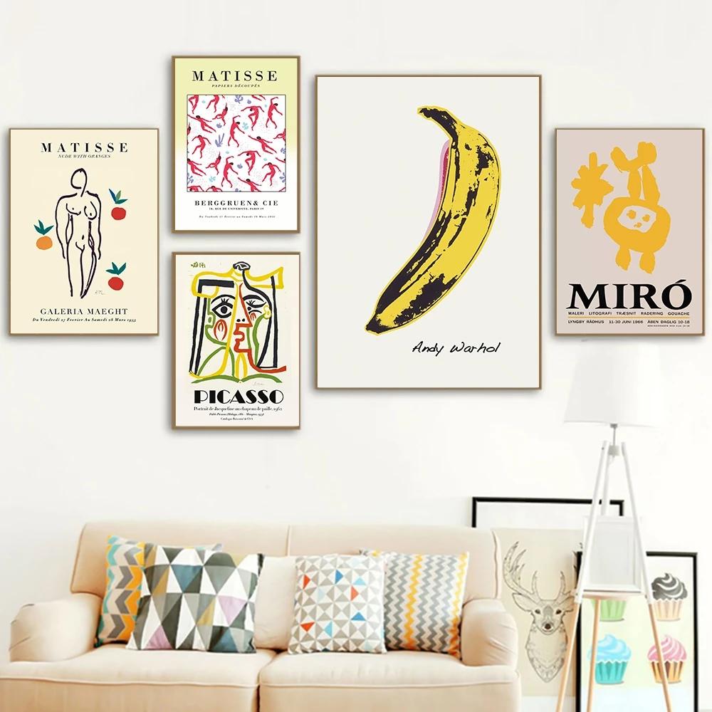 solid Wood Frame Modern Matisse Warhol Miro Abstract Wall Art Poster Print Cartoon Banana Mural Canvas Painting Kids Bed Room Home Decoration