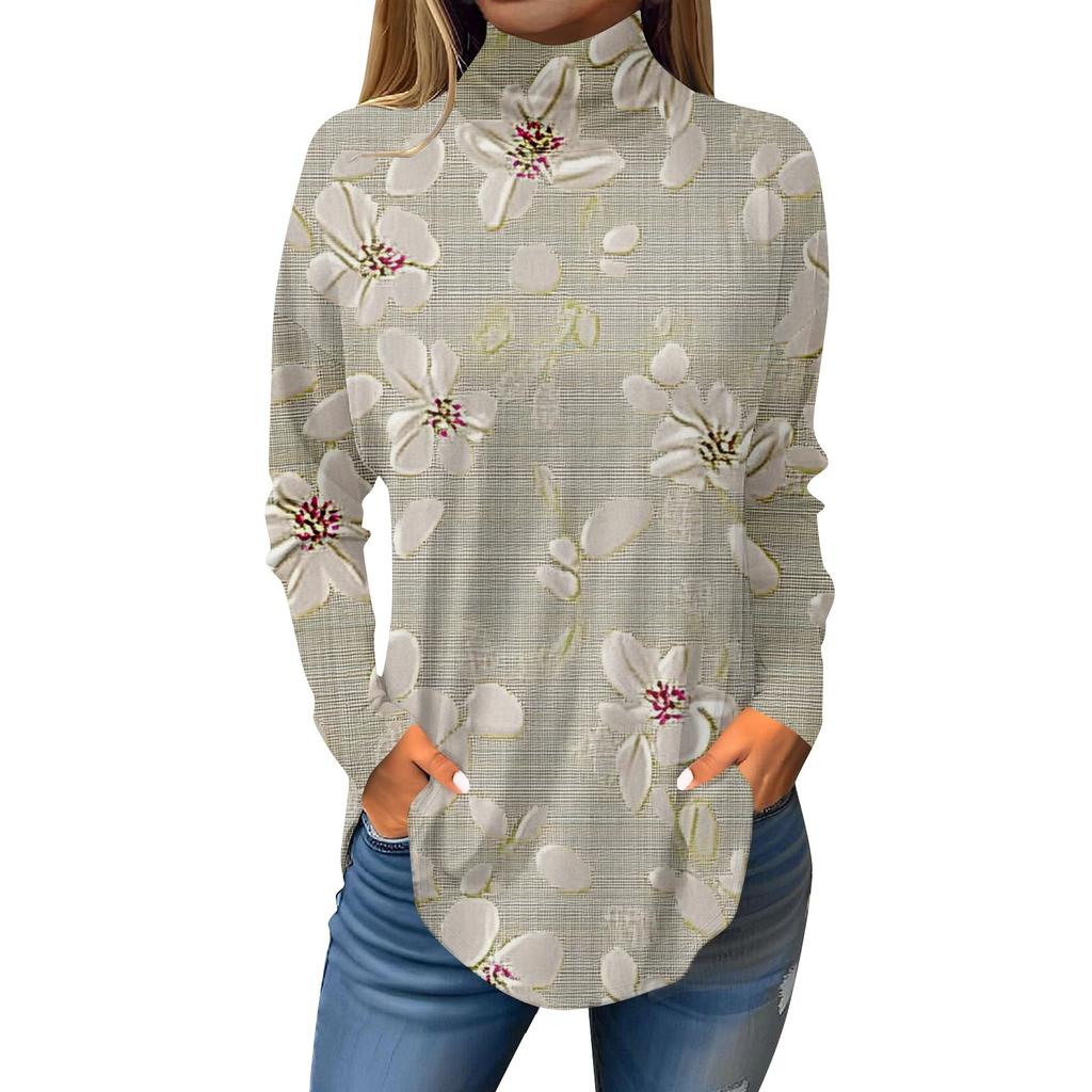 Koszulki damskie, jesienne, codzienne koszule z długim rękawem Bluza z nadrukiem w stylu vintage, sweter z wysokim dekoltem