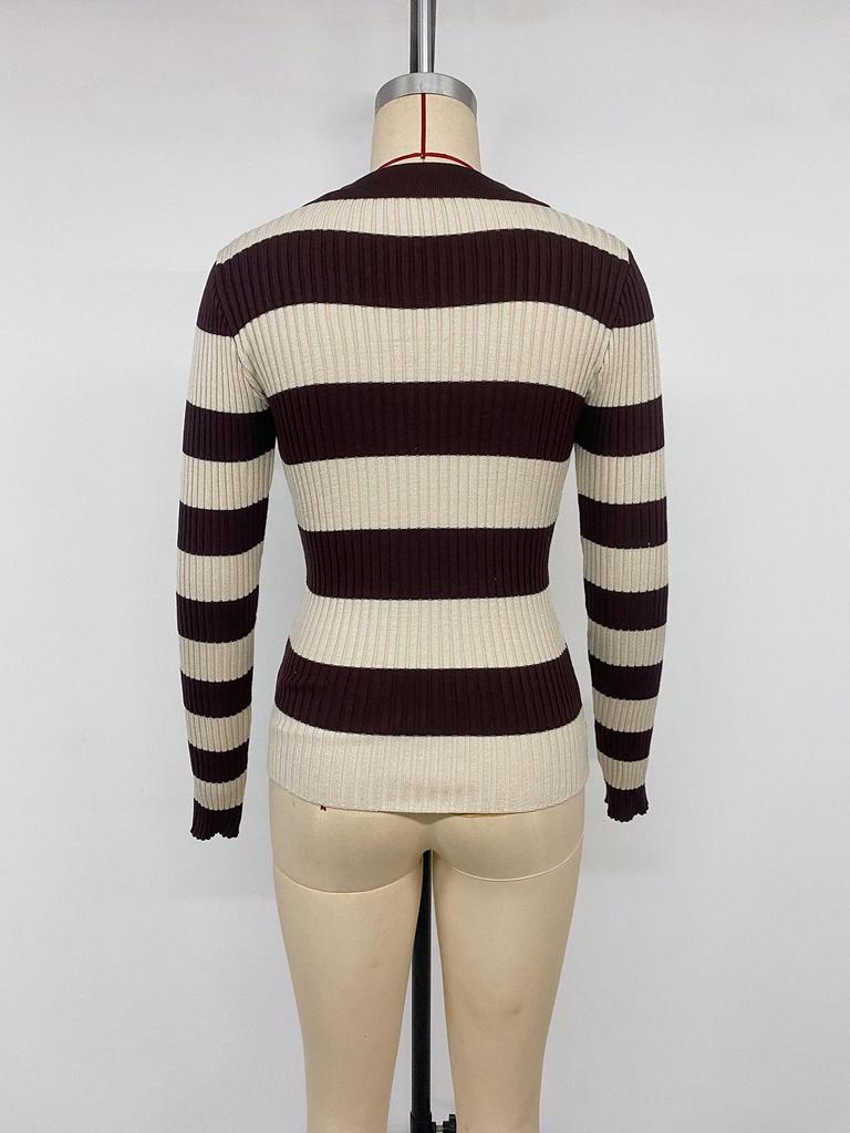 2026 Autumn/Winter Women's Retro Striped Knitted Long Sleeve Sweater with Lapel