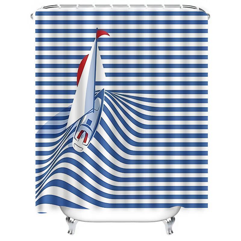 Luxury Nautical Sailboat Bathroom Curtain Waterproof Coastal Decor Spa Relaxation Blue Ocean Theme Premium Fabric Elevate Space