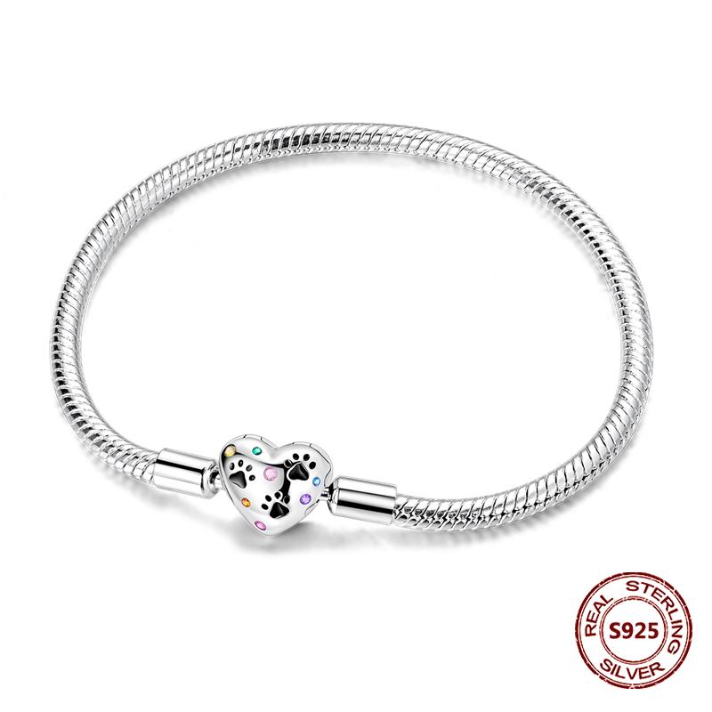Pink Love Heart Silver 925 Bracelet Original Bracelets Zircon Cat Paw Snake Chain For DIY Charms 17-20CM Wedding Jewelry Gifts