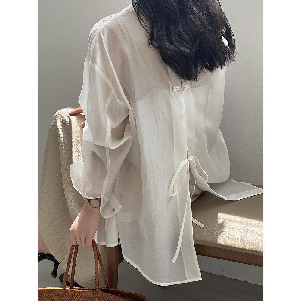 Chinese Plate Button Lightweight Sun Shirt Women's Summer Back Split Blouse Tops