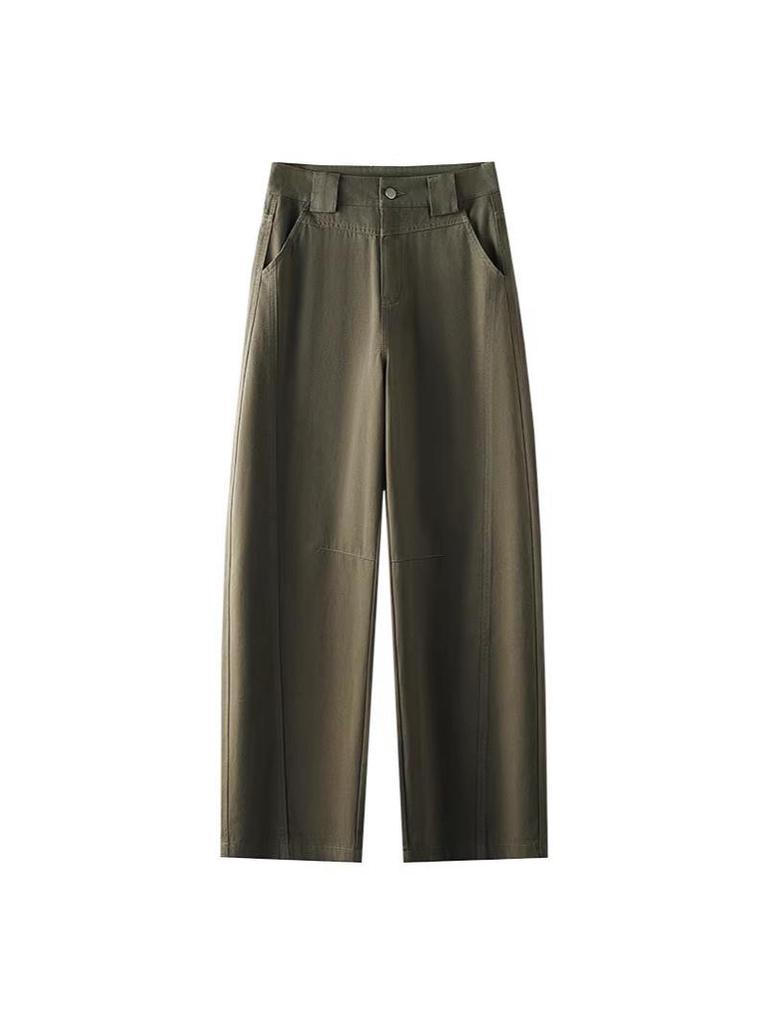 Women's Spring/Summer Army Green Wide-Leg Balloon Pants - Petite, Casual, Pure Cotton, Straight Leg