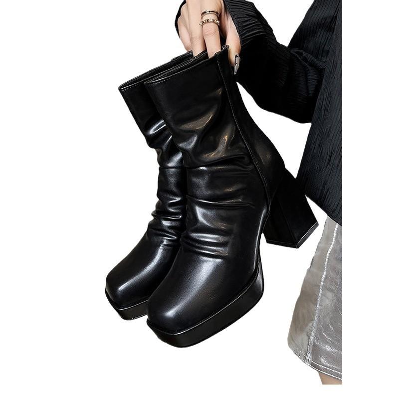 Small Short Boots Women's Waterproof Table High Heels Small Man Heightening Autumn and Winter Soft-faced White Boots Platform Shoes Women