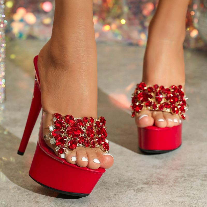 Fashion 13/15CM Thin High Heels Sandals With Rhinestone Women 2025 Summer Platform Party Shoes Platform Transparent PVC Dress Shoes