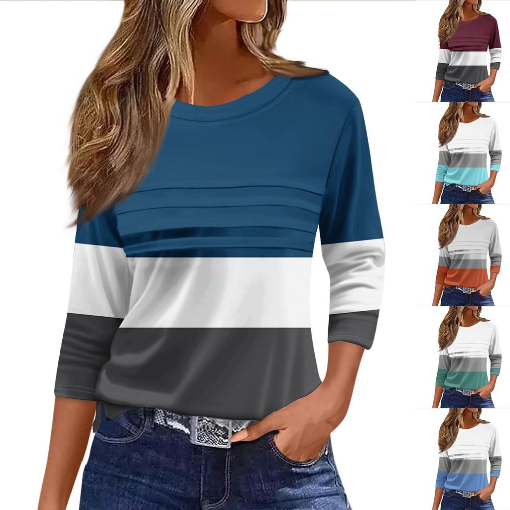 Damenmode, lässig, locker, 3/4-Ärmel, gestreift, bedruckt, Rundhals-Oberteil