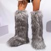 Womens Knee High Fuzzy Faux Fur Boots - Soft, Warm, and Comfortable Slip-on Design with Flat He Ladies Plush Warm Platform Shoes