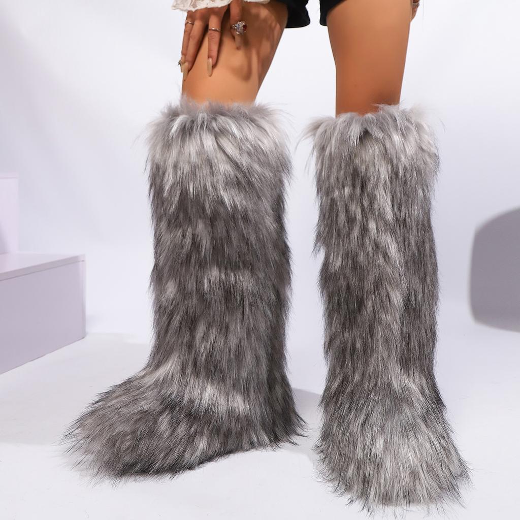 Womens Knee High Fuzzy Faux Fur Boots - Soft, Warm, and Comfortable Slip-on Design with Flat He Ladies Plush Warm Platform Shoes