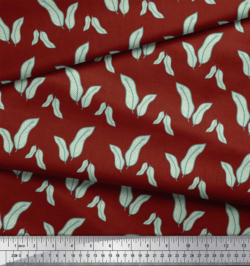 Soimoi Red Japan Crepe Satin Fabric Artistic Banana Leaves Printed Craft Fabric by the Metre 42 Inch