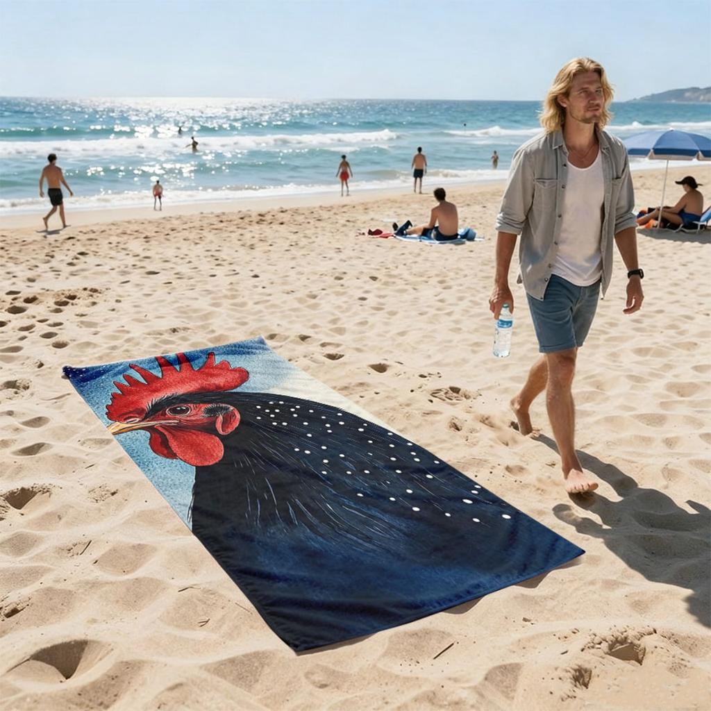 Watercolor Style Black Rooster Theme Polyester Microfiber Beach Towel Is Highly Absorbent, Suitable for Swimming Beach Outings