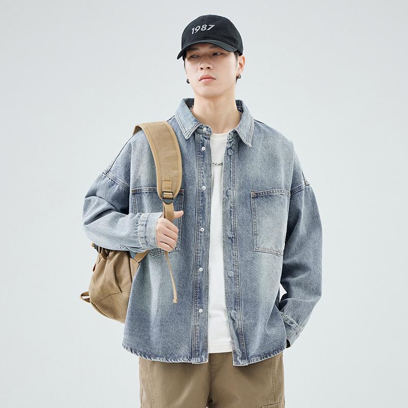 2024 Autumn/Winter Men's Loose Japanese Denim Jacket: Washed Casual Long Sleeve Shirt Style Streetwear.