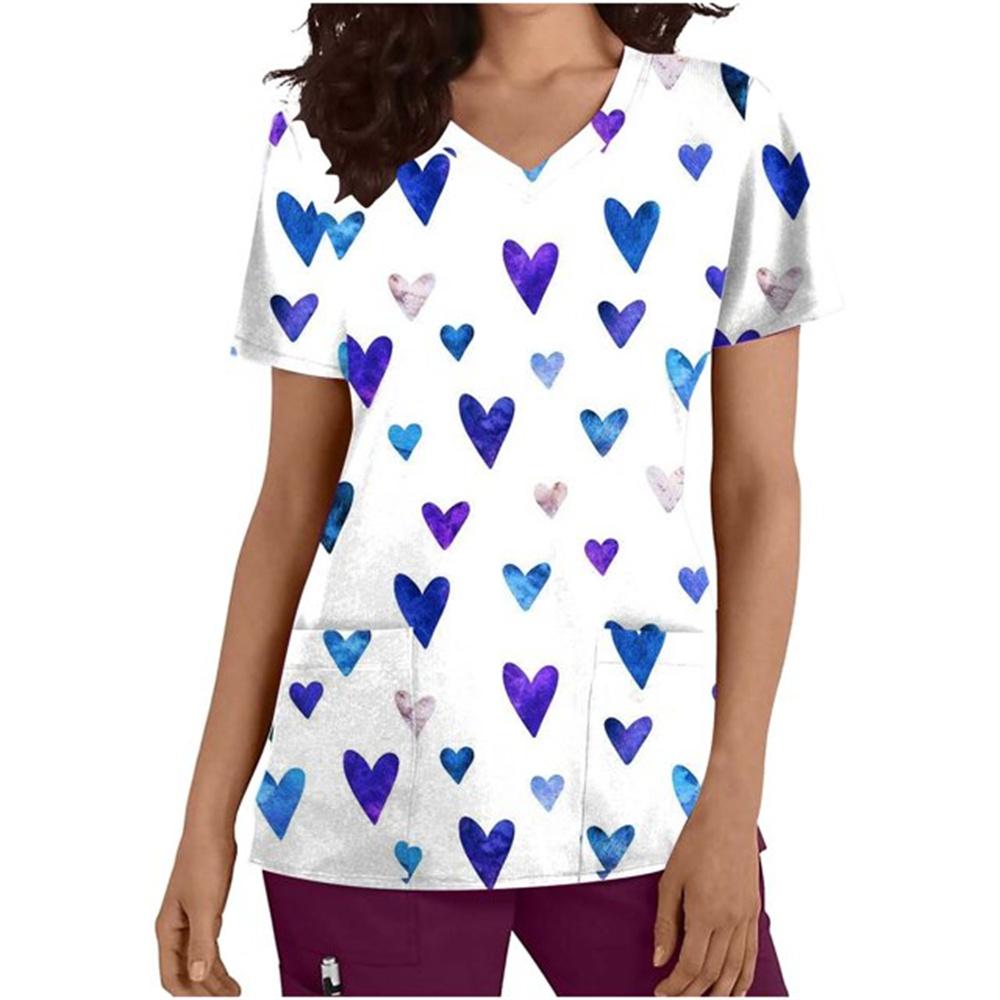 Summer V Neck Scrub Top Women Printed Work Uniform Shirt Short Sleeve Tops Uniform Blusas Nursing Dress Nurse Tunic Uniform