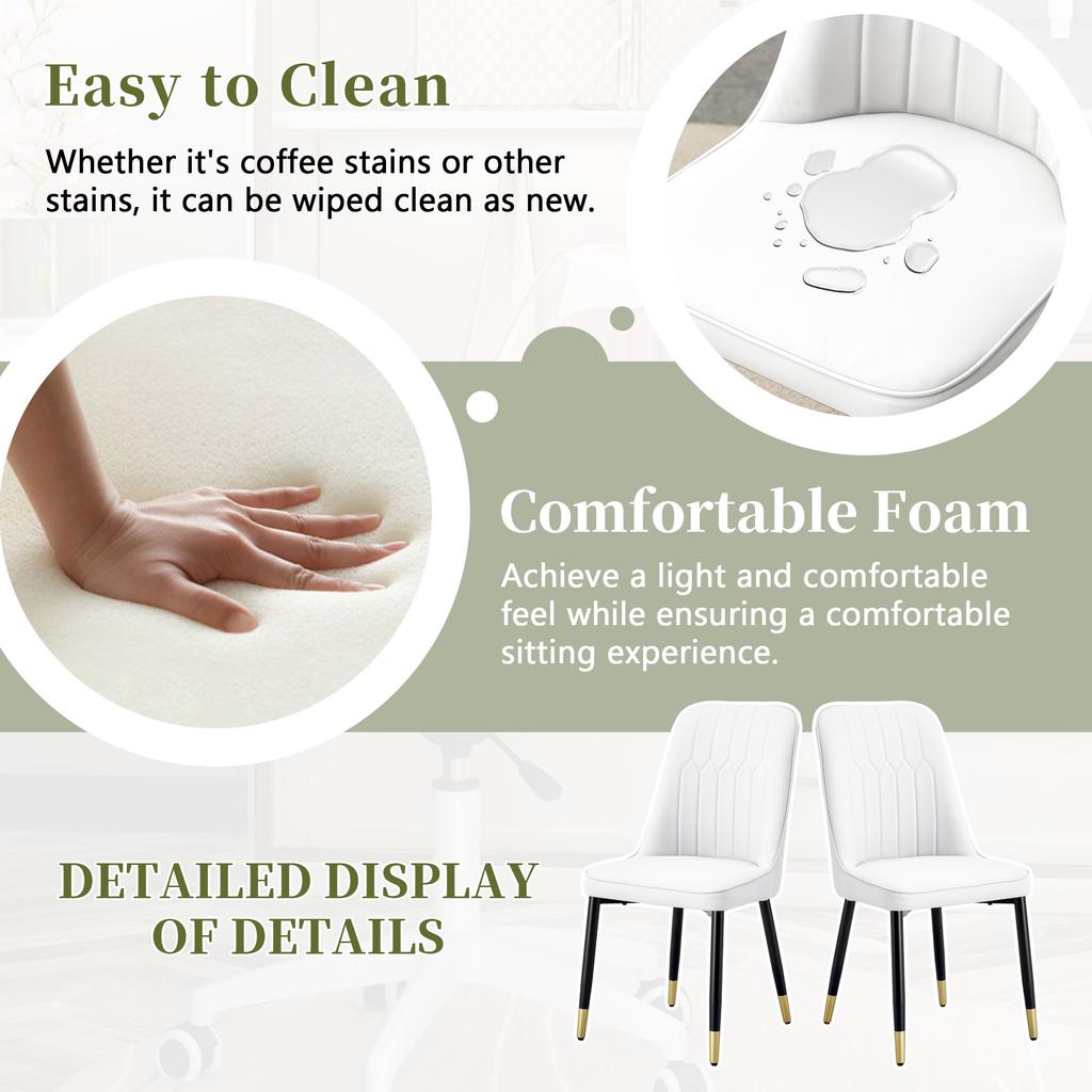 Juego de 2 sillas de comedor modernas blancas con tapicería de respaldo de cuero PU y patas de metal negro, adecuadas para comedor, cocina y dormitorio.