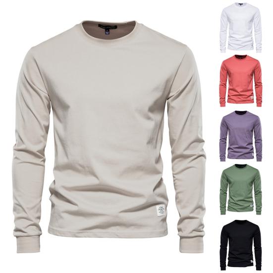Men Tops Solid Color Cotton Pullover Comfortable Anti-pilling Crew Neck Elastic Cuff