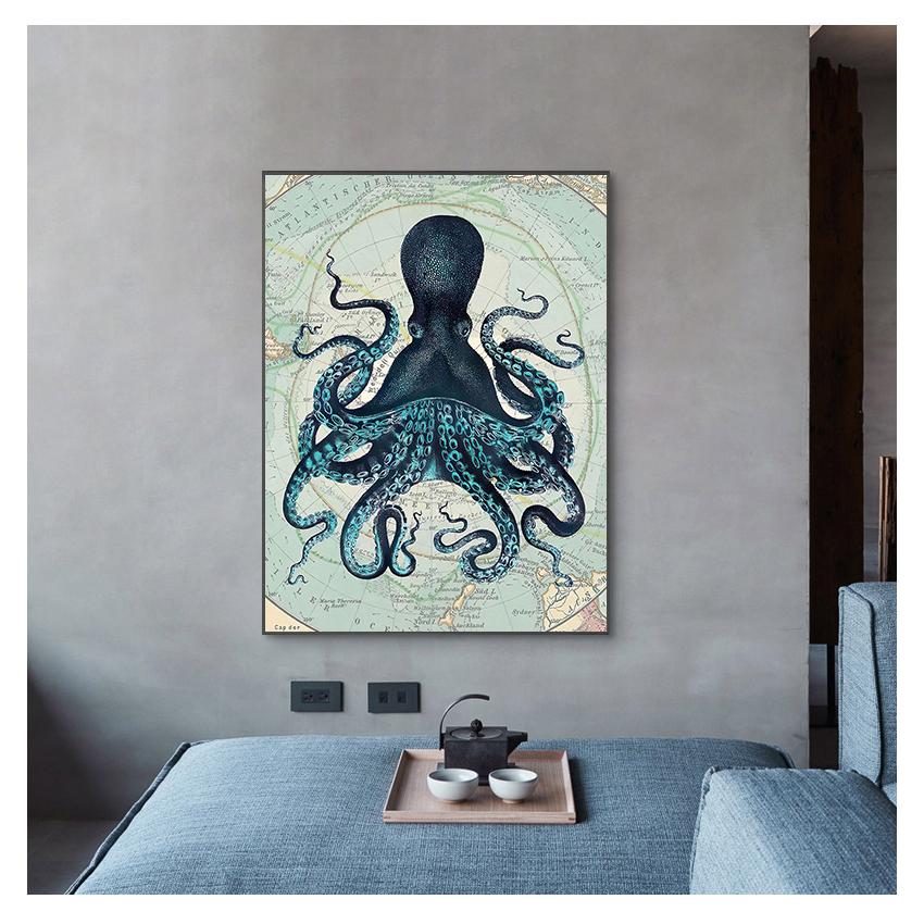 Poster Baskılar Deniz Kıyı Duvar sanat resmi Antarktika Haritası Tuval Boyama ev duvar dekoru Kraken Ahtapot Tentacles Vintage