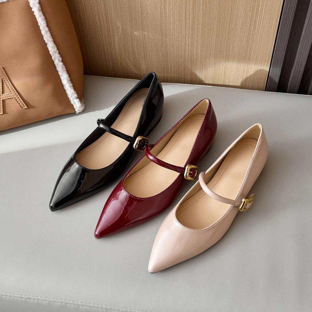 Sheepskin version~ 5cm small inner height increase French one-word buckle with patent leather Mary Jane shoes women's pointed head shallow mouth si