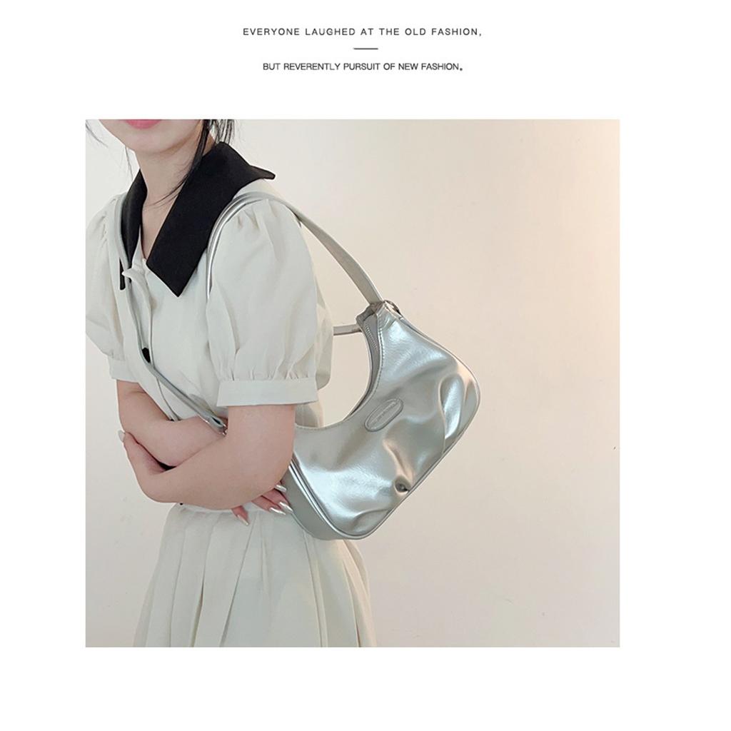 Textured Silver Bag Women's Single Shoulder Messenger Bag High-grade Pleated Underarm Crescent Bag