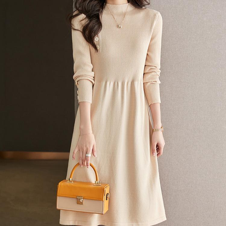 Taillenbetonendes Strickkleid für Damen Einfarbig Lässig Midilang Pullover A-Linien-Pulloverkleid für Herbst und Winter