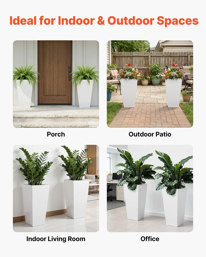 Tall Planters Set of 2, 665 Mm Large Outdoor Taper Planters for Outdoor Indoor Plants, Front Porch Plastic Modern Flower Pots with Casters, Inner Pot
