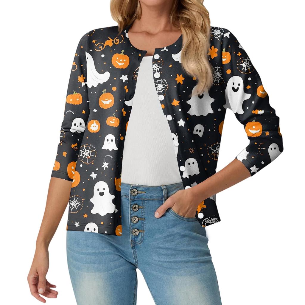 Women's Fashionable, Casual, Comfortable Halloween Print Cardigan Jacket