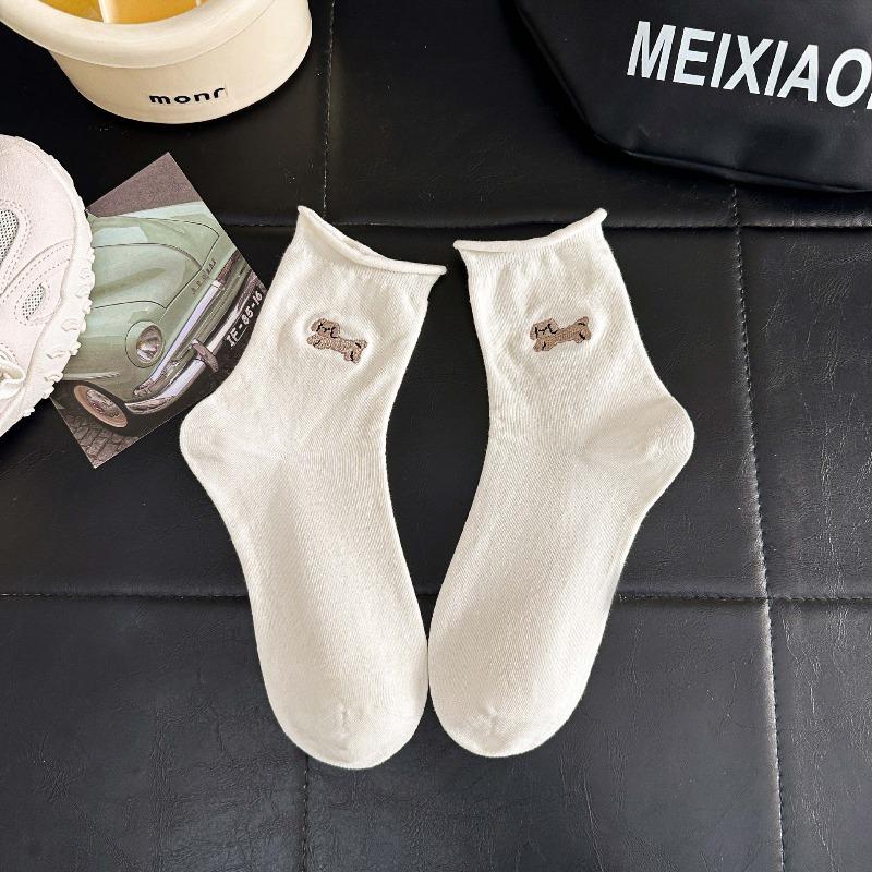 Spring and Summer White Socks with Cartoonish Cute Sausage Dog Embroidery, Rolled Cuffs Mid-calf Socks, Boneless Pile Socks, Postpartum Care Socks