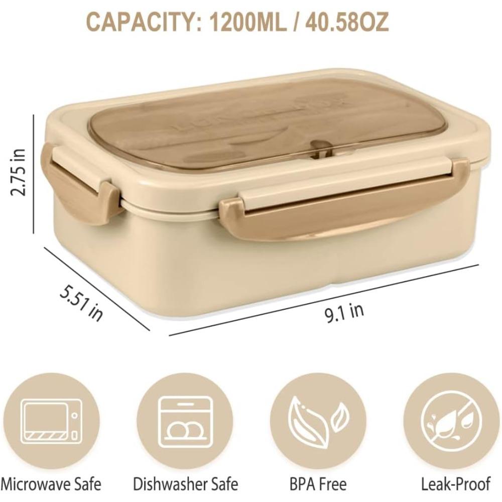 Adult Lunchbox, 1200ml Leak Proof Includes Cutlery BPA Free, Three Compartment, Microwave Safe, Unisex, Student Lunchbox, Khaki.
