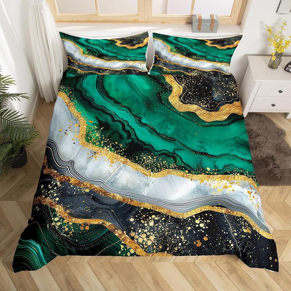 Green Marble Duvet Cover Twin King Marbling Texture Bedding Set Foil Print Glitter Comforter Cover Modern Abstract Art Bed Cover