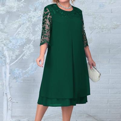 Damen Herbst Frühlingskleid, durchsichtiges Mesh-Rundhalsausschnitt, Übergröße, Patchwork, lose Blätter, Applikation, halbe Ärmel, elegantes Abschlussball-Party-Midikleid