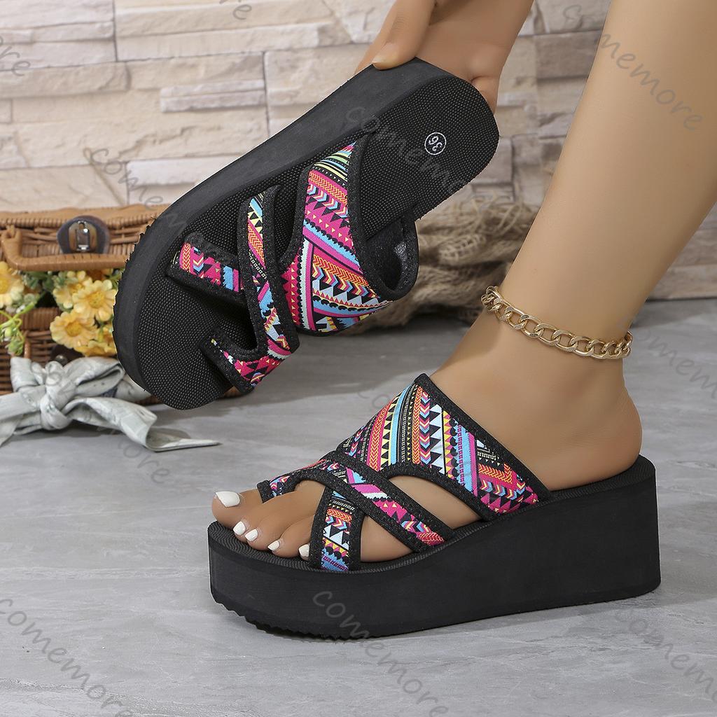 Fashion Comemore Summer Wedges High Heels Ladies Slippers Casual Mixed Color Roman Style Clip Toe Slipper Soft Bottom Beach Flip Flops