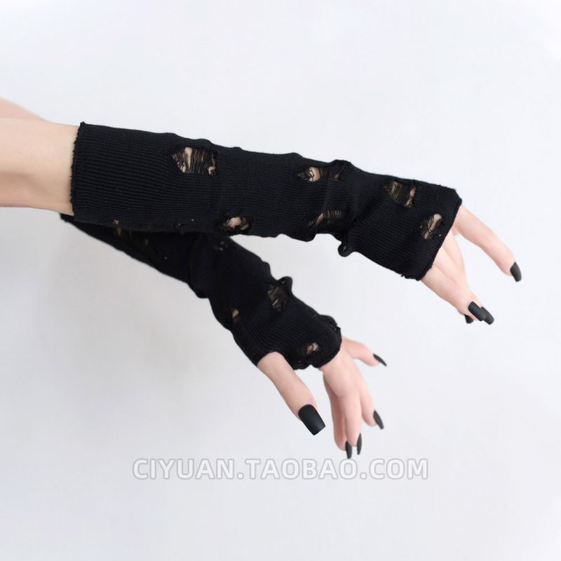 

Lolita Cyberpunk Waste Soil Style White Bandage Ripped Gloves Knitted Oversleeve Gyaru Sun Protection Wristband Cos Black