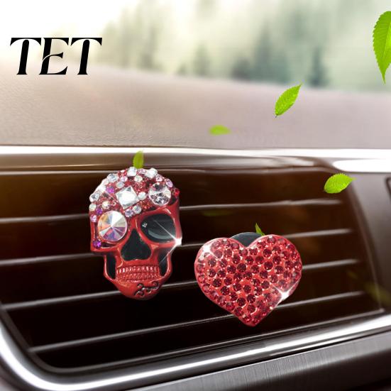 Creative Gifts for Car Owners 2 Pcs Bling Skull Heart Air Vent Clips, Rhinestone Shiny Freshener Clip Dashboard Trim Clip, Funny Head Auto Interior