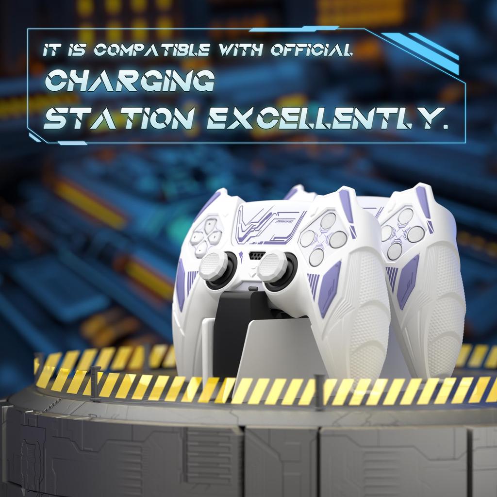 PlayVital PS5 Controller Silicone Mecha Rhino Shockproof Protective Easy Includes Thumb Grips and Compatible with Charging White and Light Purple